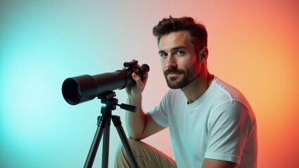 Poster - Curious man. Caucasian young. Holding telescope. Studio photo. Scientific equipment. Astronomical observation. Educational use. Hobby activity. Technology field. Soft lighting. Blue orange background