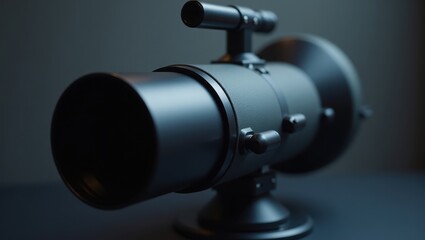 Poster - Macro shot. Telescope lens. Modern design. Dark background. Optics equipment. Scientific use. Astronomy field. Technology focus. Professional gear. Low light. Blue tone. Studio photo. Single object. 