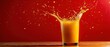 © Fernando - Refreshing glass of orange juice splashing with vibrant droplets against a red background, showcasing healthy breakfast and delicious citrus beverage