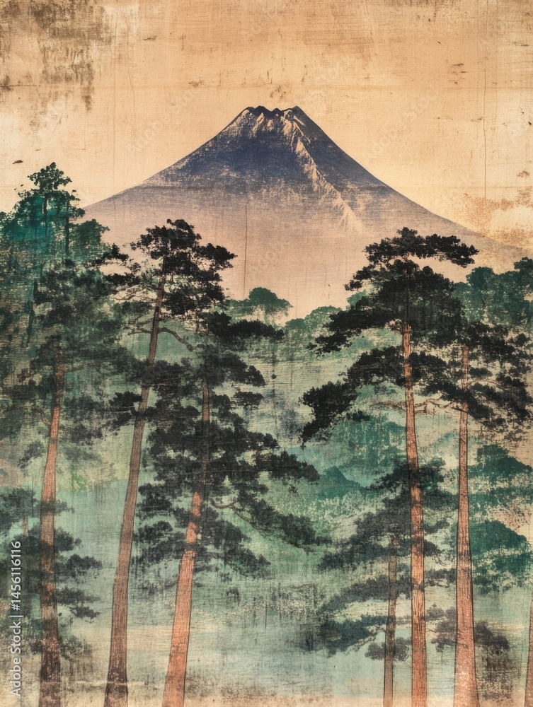 Ancient japanese art depicting mount fuji nature scene traditional ...