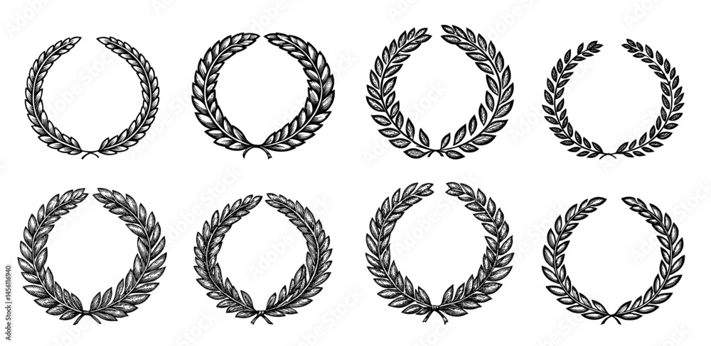 laurel wreaths set hand drawn style black ink white background Stock ...