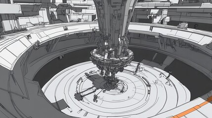 Poster - abstract grayscale representation of a futuristic architectural structure resembling a transportatio