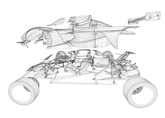 Poster - A drawing of a vehicle with a many details. The drawing is in black and white. Side view. 3D