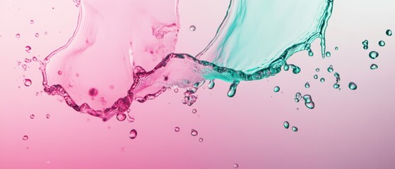 Poster - Abstract splash of pink and turquoise water colliding in midair, creating dynamic liquid art with vibrant colors and refreshing concept