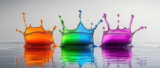 Poster - Colorful liquid splash crown with orange, green, blue, and purple paint creating vibrant abstract art in a dynamic water reflection