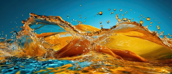 Poster - Dynamic splash of orange juice with water droplets against a vibrant blue background, showcasing refreshment and liquid motion Concept of beverage, freshness, and vitality