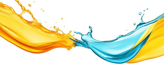 Poster - Dynamic splash of vibrant orange and blue liquid colliding on white background Concept of refreshment, energy, and contrasting fluids