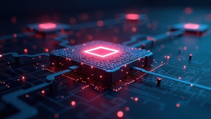 Poster - Futuristic microchip. Digital glow. 3D render. Blue red. Technology background. Circuit board. Artificial intelligence. Innovation concept. Tech industry. Electronics device. High detail. Computer ha