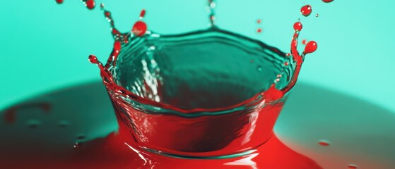 Poster - Dynamic red liquid crown splash on turquoise background, showcasing fluid motion and vibrant color in a macro shot Concept of chemistry, science, and art