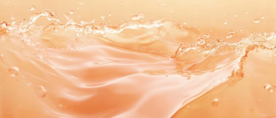Poster - Refreshing peach colored liquid with dynamic splash and water droplets, creating a visually appealing and vibrant texture for summer drink concept
