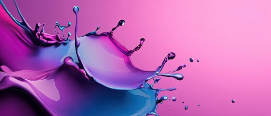 Poster - Vibrant splash of liquid paint in shades of purple, pink, and blue against a pink background Abstract concept of fluidity, creativity, and artistic expression