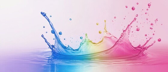 Poster - Vibrant rainbow colored water splash with dynamic droplets and ripples against a soft gradient background, showcasing fluidity and motion
