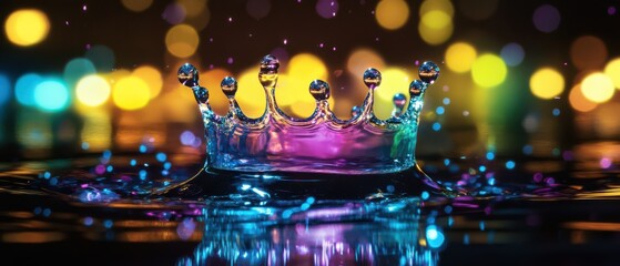 Poster - Colorful water crown splash with bokeh lights background Abstract liquid art concept of elegance, royalty, and celebration