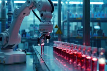 Poster - Robotic Arm Filling Vials with Red Liquid in a Modern Laboratory