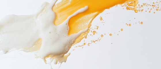 Poster - Abstract splash of golden liquid and white foam on a clean white background, creating a dynamic and textured pattern Concept of beauty, cosmetics, and beverages