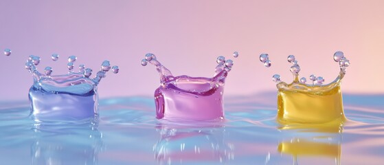 Poster - Colorful water splash crown with droplets in blue, pink, and yellow hues on a reflective surface Concept of liquid, refreshment, and vibrant colors