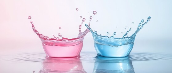Poster - Pink and Blue Water Collision Creating Splashes and Ripples, Symbolizing Balance and Harmony in Liquid Motion