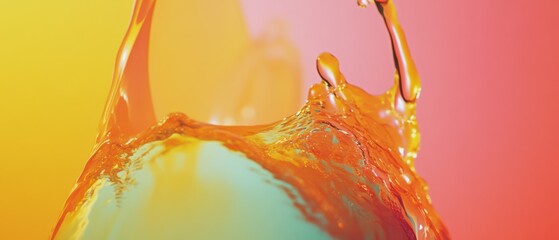 Poster - Abstract orange liquid splash with vibrant yellow and pink background Concept of refreshment, energy, and dynamic movement