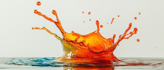 Poster - Dynamic orange and yellow liquid splash with blue water ripple against a clean white background in a highspeed photography shot
