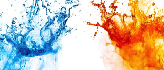 Poster - Dynamic splash of blue and orange liquid colliding on white background Abstract concept of fire and water, hot and cold, energy and power
