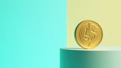 Poster - Gold coin. Digital currency. 3D render. Minimalist background. Finance concept. Investment symbol. Cryptocurrency theme. Isolated asset. Modern design. Technology focus. Blue green palette. Futuristi