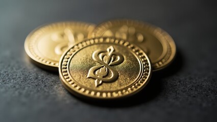Poster - Crypto coins. Golden color. Macro shot. Digital currency. Blockchain concept. Investment asset. Finance industry. Technology theme. Business use. Modern economy. Close up. Wealth symbol. Financial gr