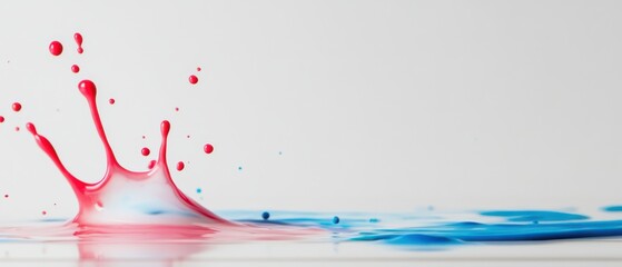 Poster - Dynamic red and blue paint splash with droplets on white background, showcasing vibrant color mixing and fluid motion for artistic concept