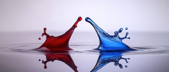 Poster - Dynamic collision of red and blue liquid drops creating splash and ripples on water surface with reflection Concept of contrast, interaction, and vibrant colors