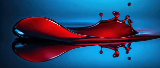Poster - Abstract red liquid splash with reflection on blue background Concept of fluid dynamics, art, and design