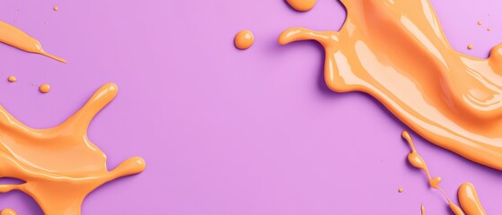 Poster - Abstract orange paint splash on vibrant purple background creating a dynamic and modern artistic design with copy space