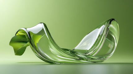 Poster - Minimalist light green background with curved glass ribbon and soft water reflections