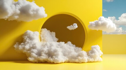Poster - Minimal yellow background featuring dynamic tunnel and soft white clouds escaping