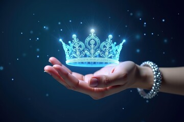 Poster - Elegant hand. Royal crown. Digital glow. Fantasy concept. Futuristic design. Blue tones. Luxury symbol. Female wrist. Jewelry accessory. Magical theme. Evening mood. Technology art. Celebration event