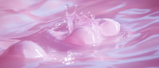 Poster - Pink liquid splash with crown, creating smooth waves and ripples Concept of beauty, cosmetics, skincare, and feminine hygiene product