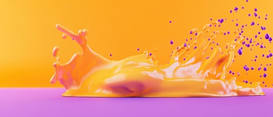 Poster - Vibrant orange liquid splash with purple droplets on a purple surface against an orange background, showcasing dynamic movement and abstract colorful design