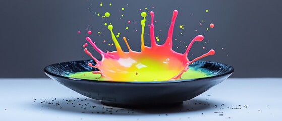 Poster - Vibrant neon paint splash in a black bowl against a dark background, creating a dynamic and colorful liquid explosion Concept of art, creativity, and abstract design