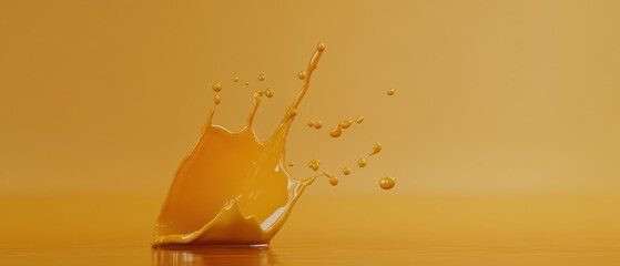 Poster - Vibrant orange liquid splash with droplets on a reflective surface against a warm background, showcasing dynamic movement and fluid texture