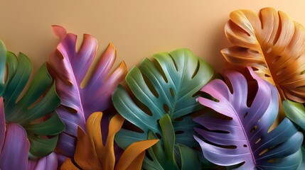 Poster - This tropical composition showcases a blend of vibrant, colorful leaves against a warm background, perfect for summer-themed decor or vibrant design inspiration