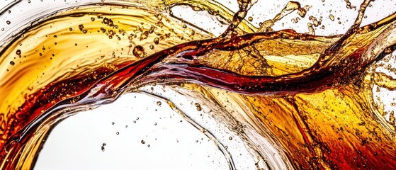 Poster - Dynamic splash of dark amber liquid, creating abstract wave with droplets on white background Concept of refreshment, energy, and motion