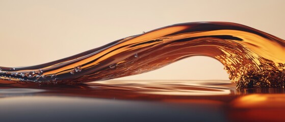 Poster - Abstract golden liquid wave with bubbles and reflection, showcasing fluid dynamics and surface tension in a dynamic, visually striking composition