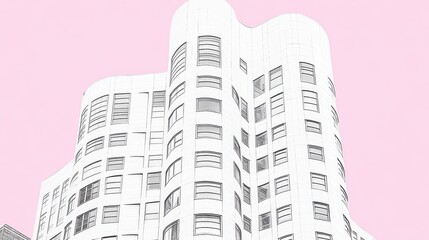 Poster - Unique Building Facade Architectural Design With Unusual Shape Sketch Isolated On Pink Background Expressing Modern Cityscape Concepts
