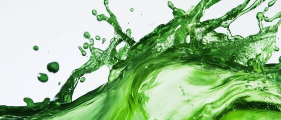 Poster - Dynamic green liquid splash with droplets on white background Refreshing and vibrant fluid motion for healthy lifestyle and nature concept