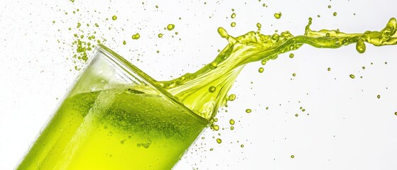 Poster - Refreshing Green Liquid Splashing from Glass on White Background, showcasing vibrant color and dynamic motion for beverage and refreshment concepts