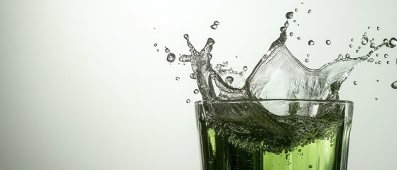 Poster - Refreshing green liquid splashing in a glass, creating dynamic water splash and motion, showcasing beverage freshness and purity