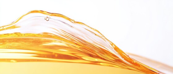 Poster - Golden liquid wave with bubbles on white background Abstract closeup of flowing oil, honey, or beer for food and drink concept