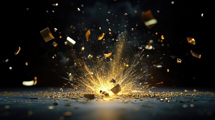 Poster - Glittering firework sparks, tiny stars radiating in 3D style on dark black background