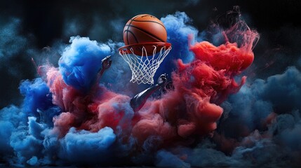 Poster - Fiery red and blue smoke swirling around a basketball, energetic sports concept