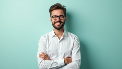 smiling man. caucasian young. white shirt. studio portrait. light teal background. casual style. fri