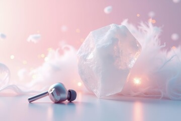 Poster - Soft colors. Abstract shapes. Iridescent crystal. Pastel background. Futuristic elements. Macro photography. Ambient lighting. Cosmetic theme. Beauty industry. Digital art. Decorative object. Contemp