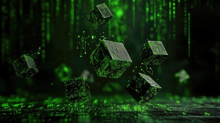Poster - Digital green matrix style background with floating abstract cubes and circuits